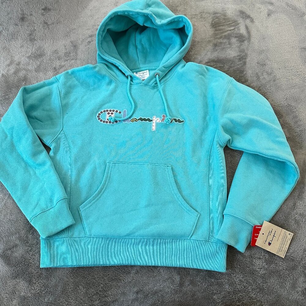 *stains* NWT Champion Reverse Weave Hoodie Sweatshirt Women's SMALL Aqua